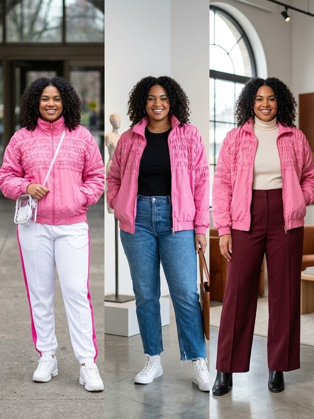 Vtg 80s Pink Ruched Bomber Style Jacket Womens L Funnel Neck Track Windbreaker